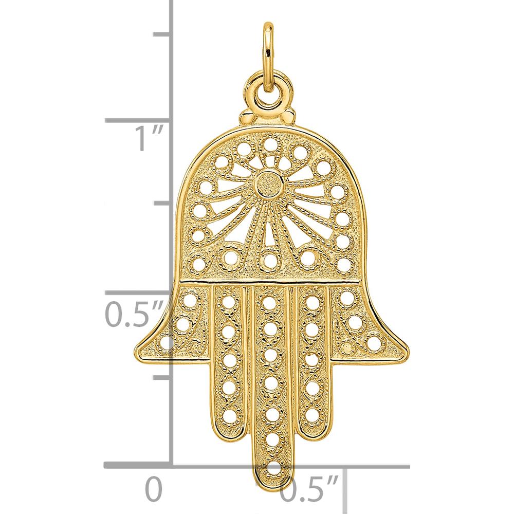 14K Yellow Gold Polished Solid Filigree Hamsa Pendant - 31.45mm Length by Oro Pregiato
