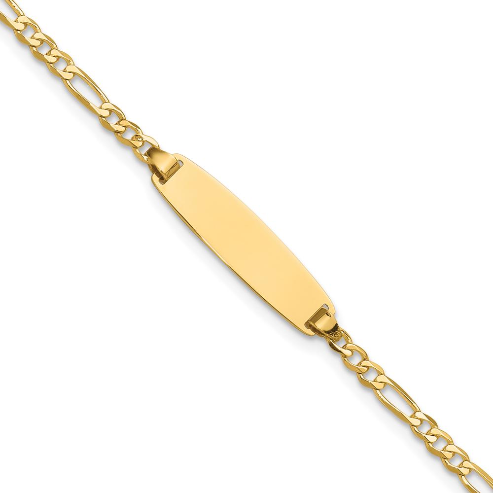 14K Yellow Gold Polished Solid Plate Figaro Link 7" ID Bracelet with Diamond-Cut Texture and Engravable Plate by Oro Pregiato