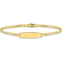 14K Yellow Gold Polished Solid Plate Figaro Link 7" ID Bracelet with Diamond-Cut Texture and Engravable Plate by Oro Pregiato