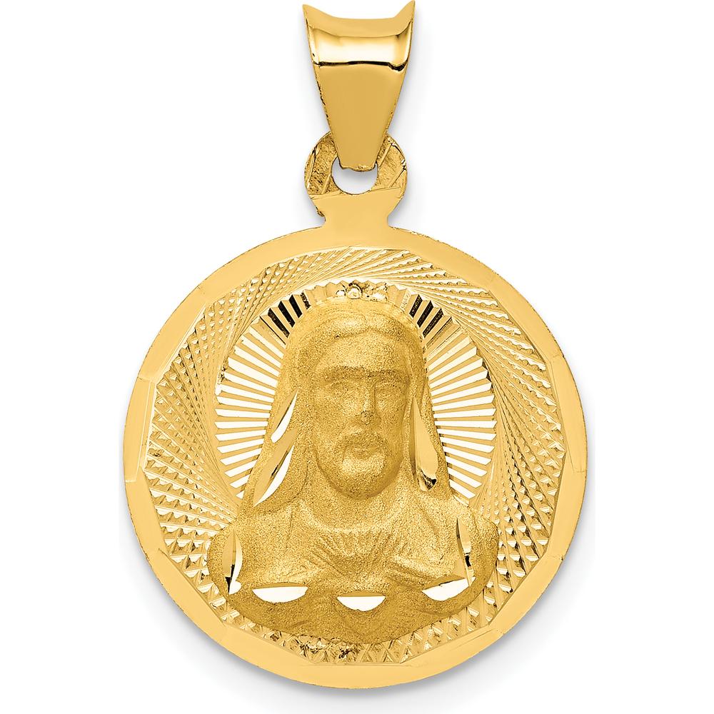 14K Yellow Gold Polished Solid Sagrado Corazon de Jesus Round Pendant with Diamond-Cut Detail by Oro Pregiato