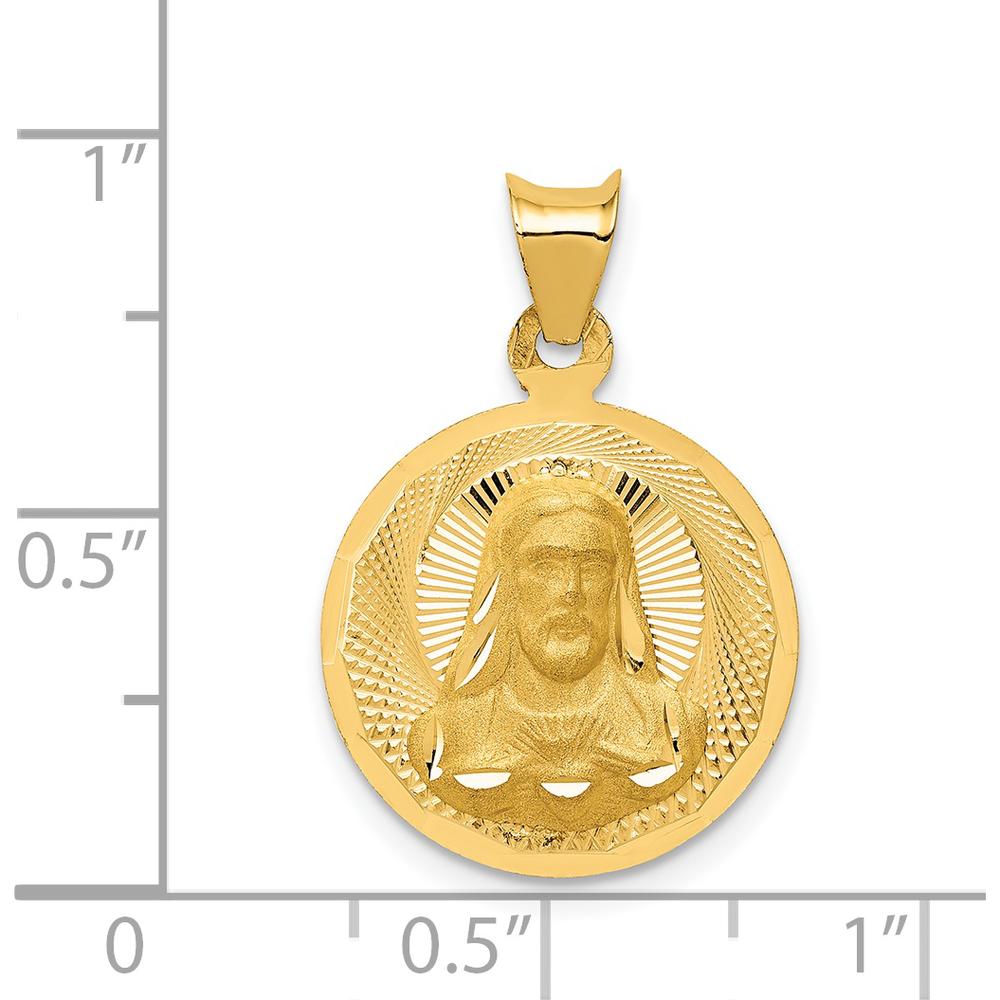 14K Yellow Gold Polished Solid Sagrado Corazon de Jesus Round Pendant with Diamond-Cut Detail by Oro Pregiato
