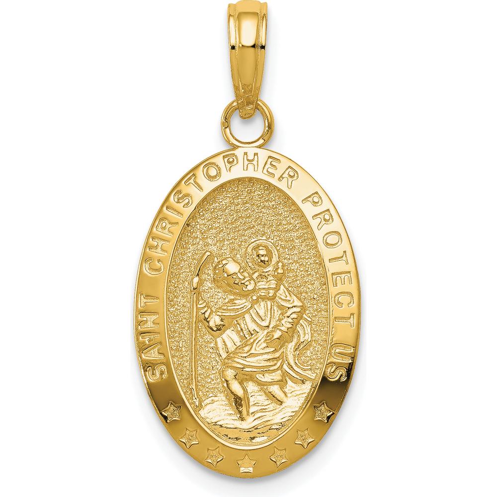 14K Yellow Gold Polished Solid Saint Christopher Medal Oval Pendant with Textured Design by Oro Pregiato