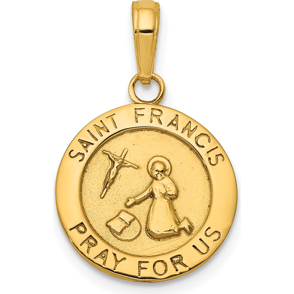 14K Yellow Gold Polished Solid Saint Francis Medal Round Pendant - 22mm by Oro Pregiato