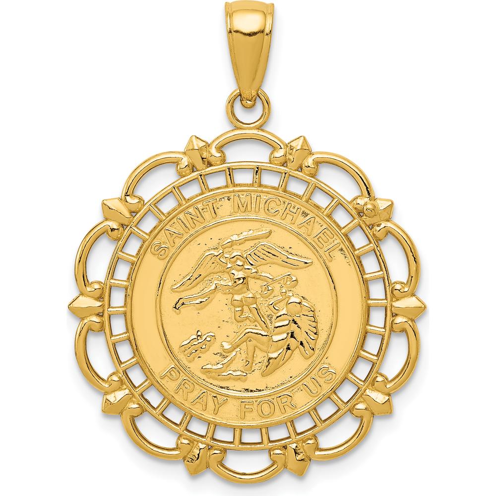 14K Yellow Gold Polished Solid St. Michael Medal Round Pendant with Scalloped Edge - 33mm Length by Oro Pregiato