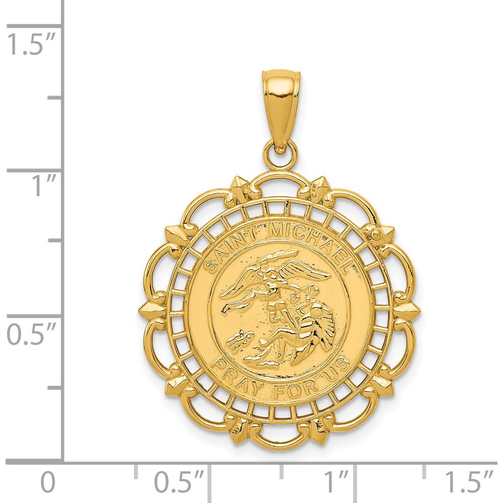 14K Yellow Gold Polished Solid St. Michael Medal Round Pendant with Scalloped Edge - 33mm Length by Oro Pregiato