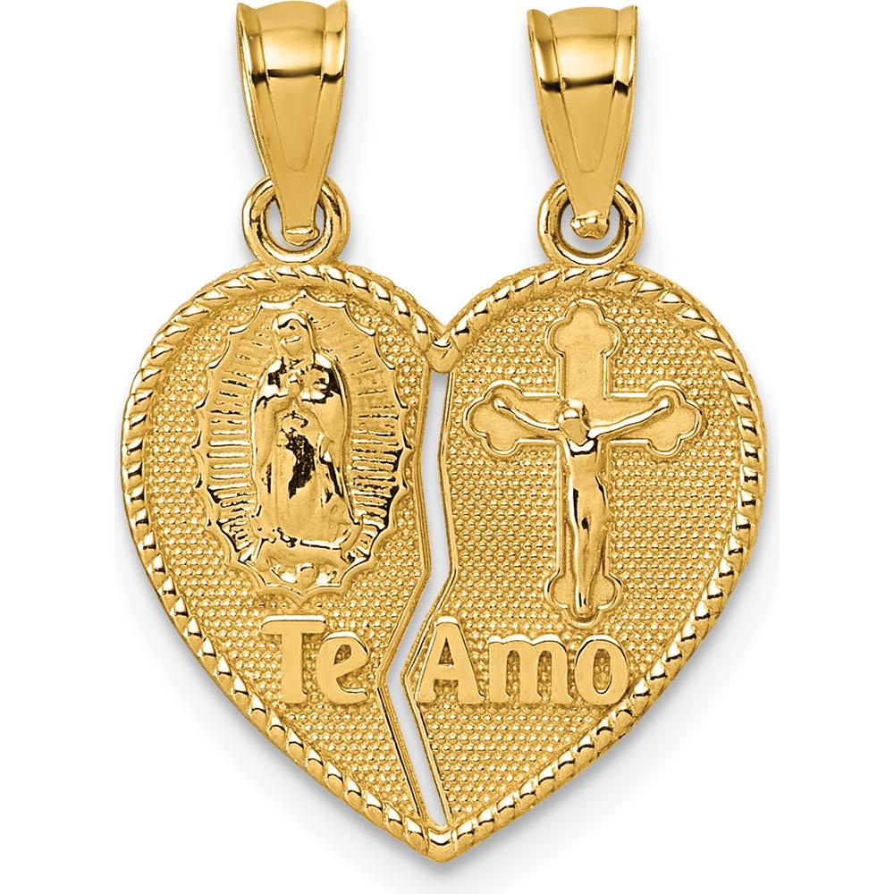 14K Yellow Gold Polished Spanish "TE AMO" Our Lady of Guadalupe and Crucifix Break-apart Heart Pendant by Oro Pregiato
