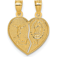 14K Yellow Gold Polished Spanish "TE AMO" Our Lady of Guadalupe and Crucifix Break-apart Heart Pendant by Oro Pregiato