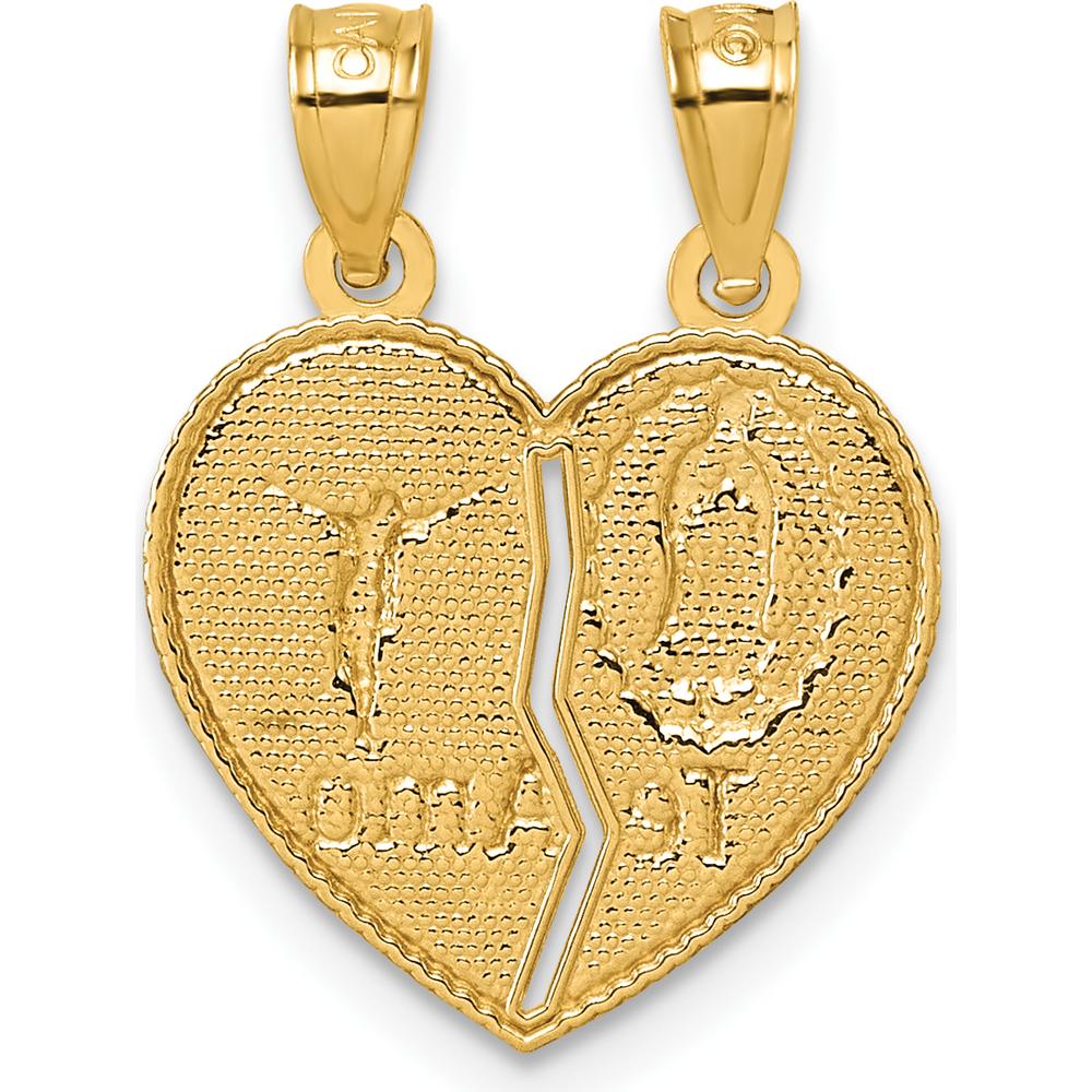 14K Yellow Gold Polished Spanish "TE AMO" Our Lady of Guadalupe and Crucifix Break-apart Heart Pendant by Oro Pregiato