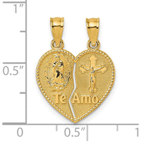 14K Yellow Gold Polished Spanish "TE AMO" Our Lady of Guadalupe and Crucifix Break-apart Heart Pendant by Oro Pregiato
