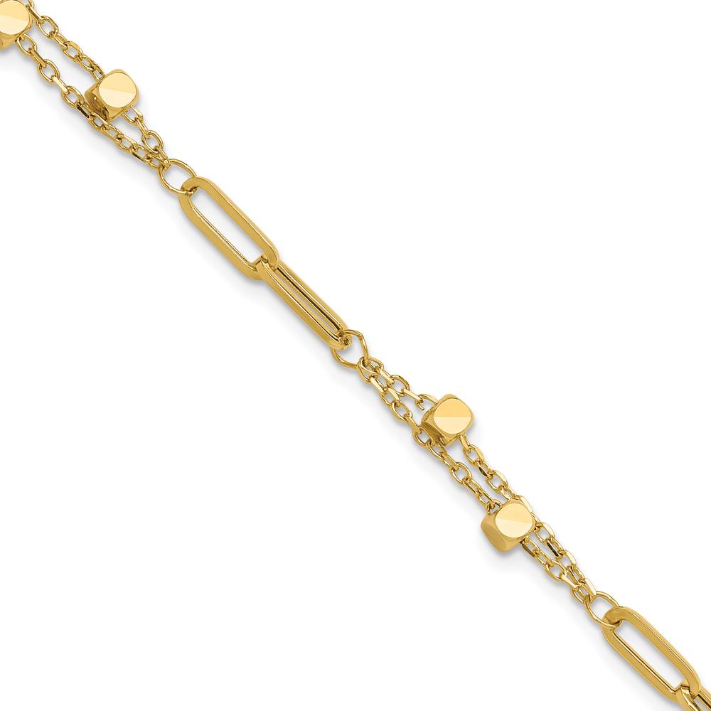 14K Yellow Gold Polished Square Beads and Paperclip Link Bracelet with 0.5" Extender by Oro Pregiato