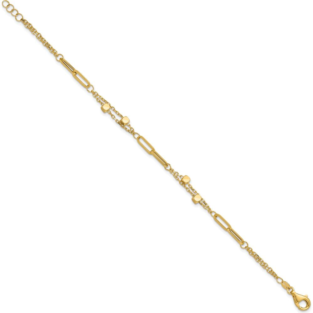 14K Yellow Gold Polished Square Beads and Paperclip Link Bracelet with 0.5" Extender by Oro Pregiato