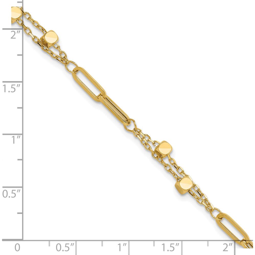 14K Yellow Gold Polished Square Beads and Paperclip Link Bracelet with 0.5" Extender by Oro Pregiato