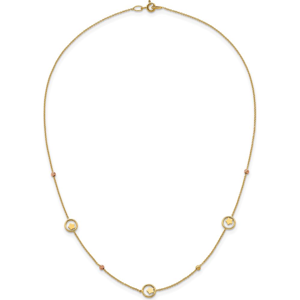 14K Yellow Gold Polished Star in Circle with Diamond-Cut Beads 7-Station 16.75" Necklace by 0