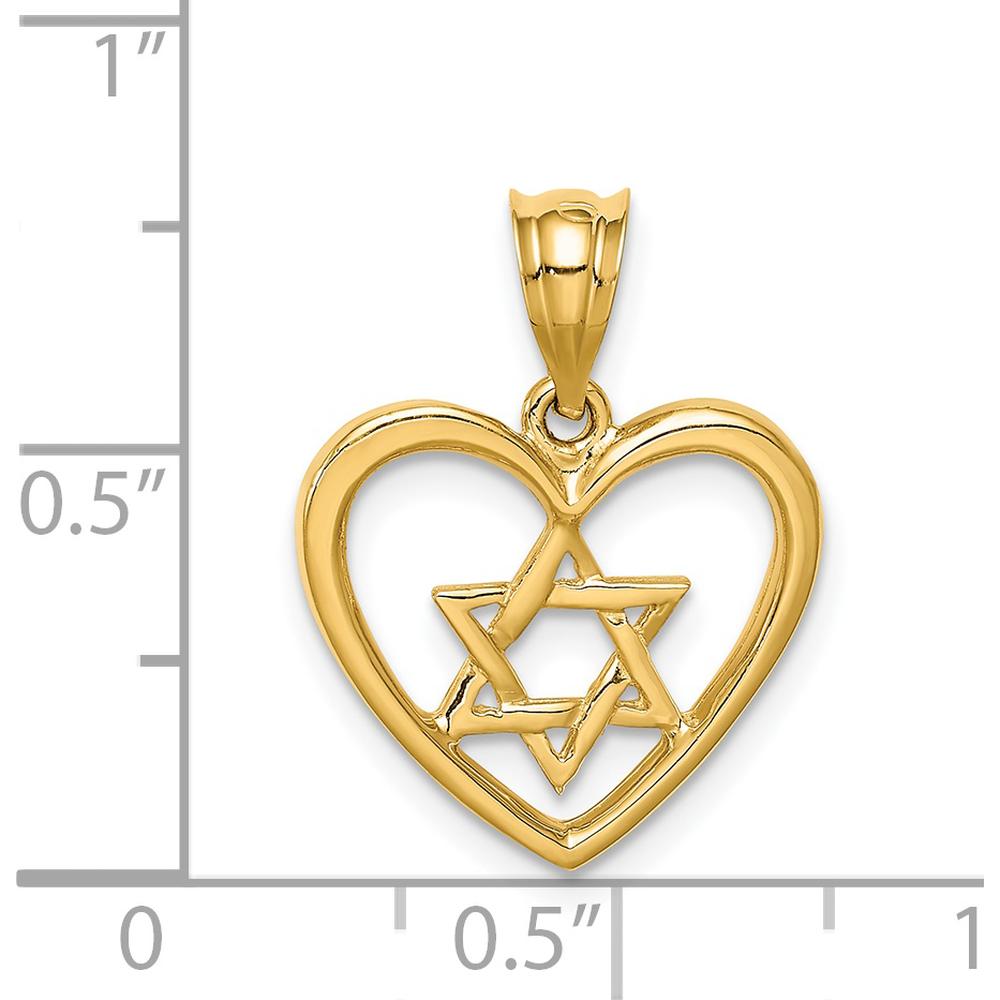 14K Yellow Gold Polished Star of David Heart Pendant - 20mm by Oro Pregiato