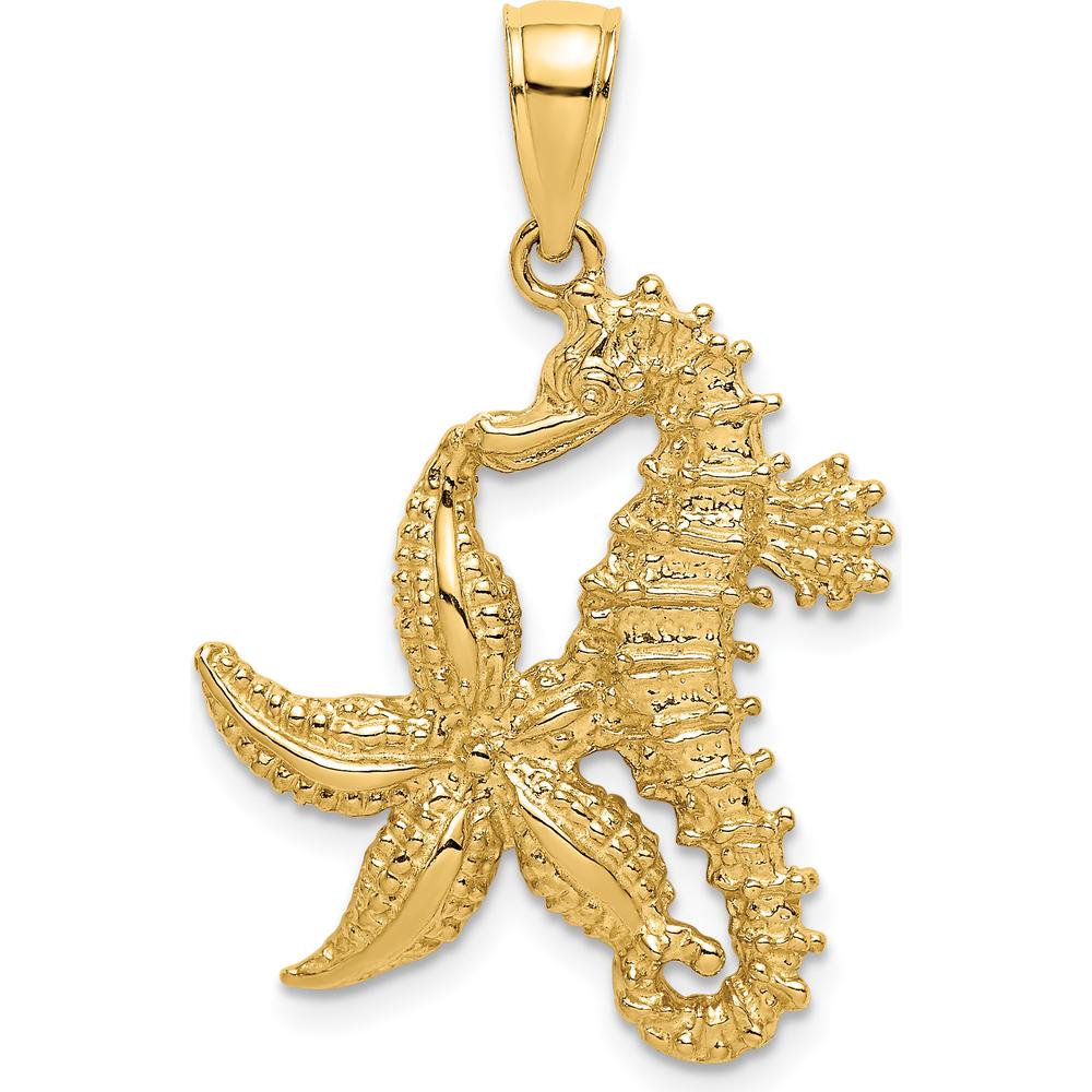 14K Yellow Gold Polished Starfish and Seahorse Pendant - 32mm by Oro Pregiato