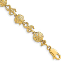 14K Yellow Gold Polished Starfish, Shell, and Sand Dollar 7" Bracelet - Beach Themed Motif with Textured Elements by Oro Pregiato
