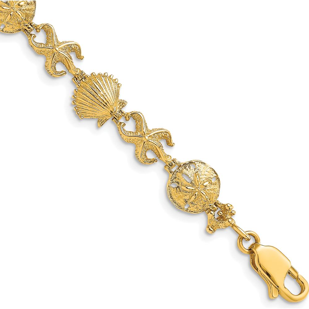 14K Yellow Gold Polished Starfish, Shell, and Sand Dollar 7" Bracelet - Beach Themed Motif with Textured Elements by Oro Pregiato