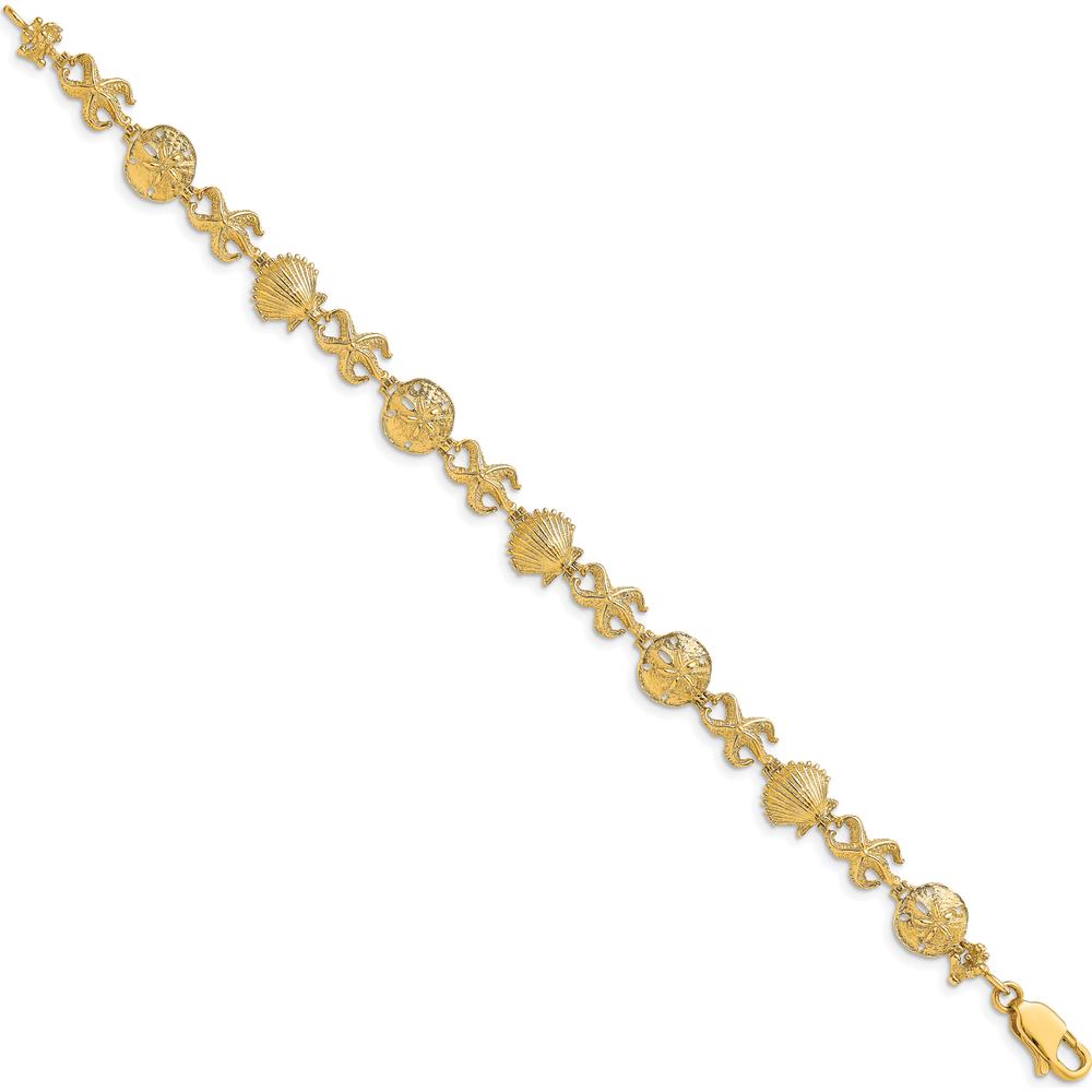 14K Yellow Gold Polished Starfish, Shell, and Sand Dollar 7" Bracelet - Beach Themed Motif with Textured Elements by Oro Pregiato
