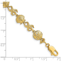 14K Yellow Gold Polished Starfish, Shell, and Sand Dollar 7" Bracelet - Beach Themed Motif with Textured Elements by Oro Pregiato