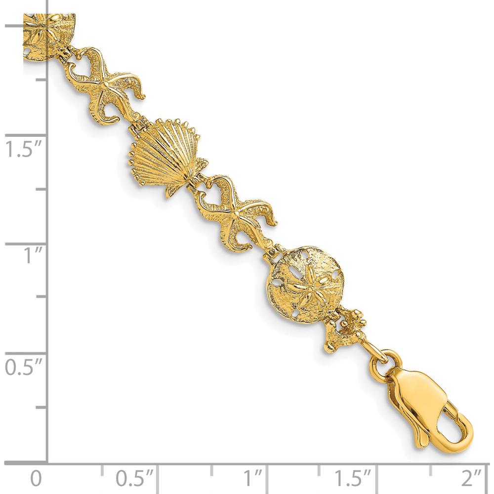 14K Yellow Gold Polished Starfish, Shell, and Sand Dollar 7" Bracelet - Beach Themed Motif with Textured Elements by Oro Pregiato
