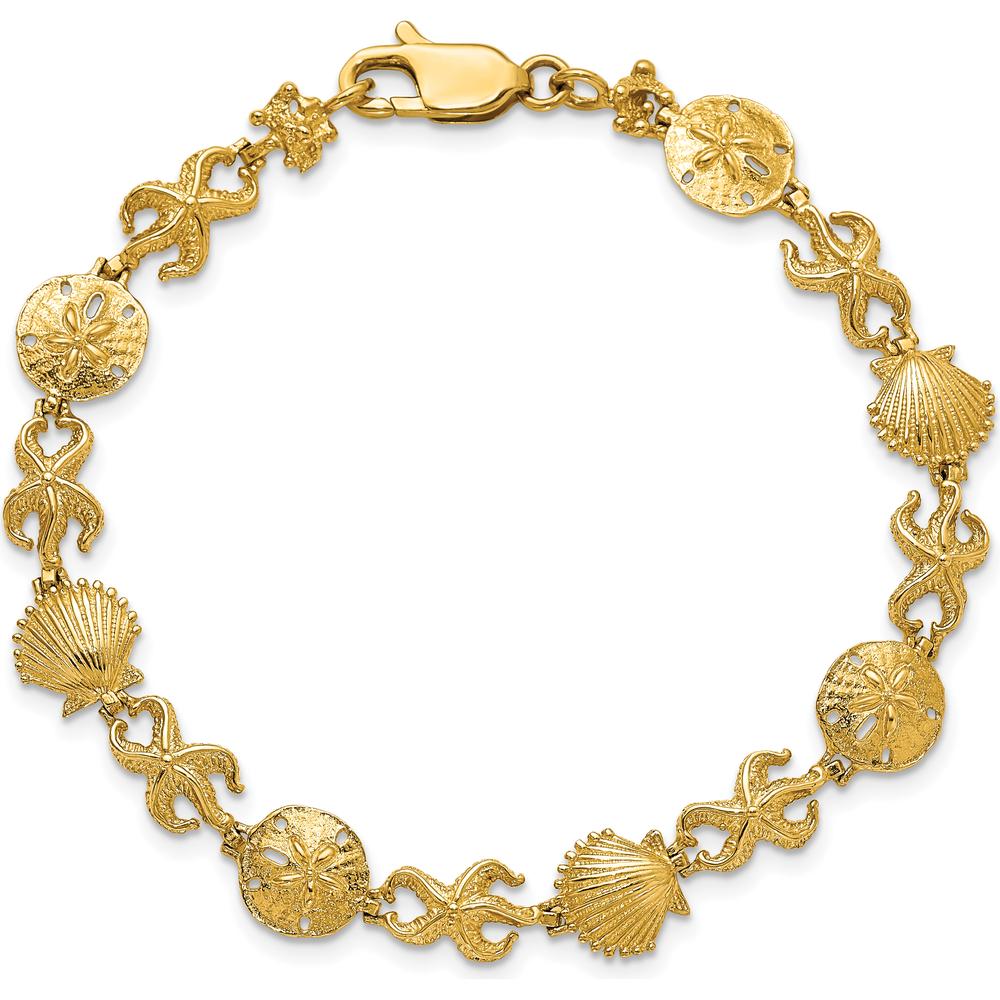 14K Yellow Gold Polished Starfish, Shell, and Sand Dollar 7" Bracelet - Beach Themed Motif with Textured Elements by Oro Pregiato