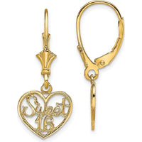 14K Yellow Gold Polished “Sweet 16” Heart Dangle Leverback Earrings by 0
