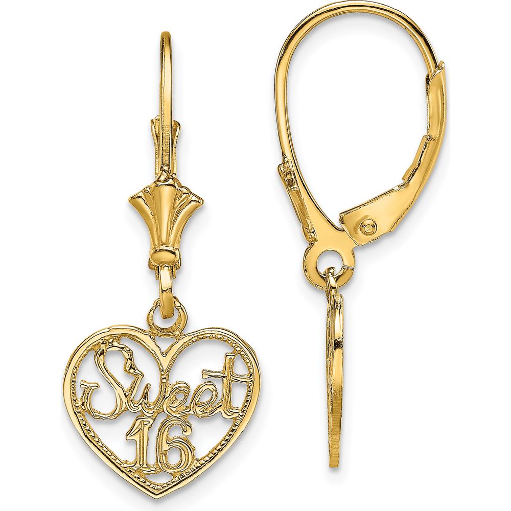 14K Yellow Gold Polished “Sweet 16” Heart Dangle Leverback Earrings by 0