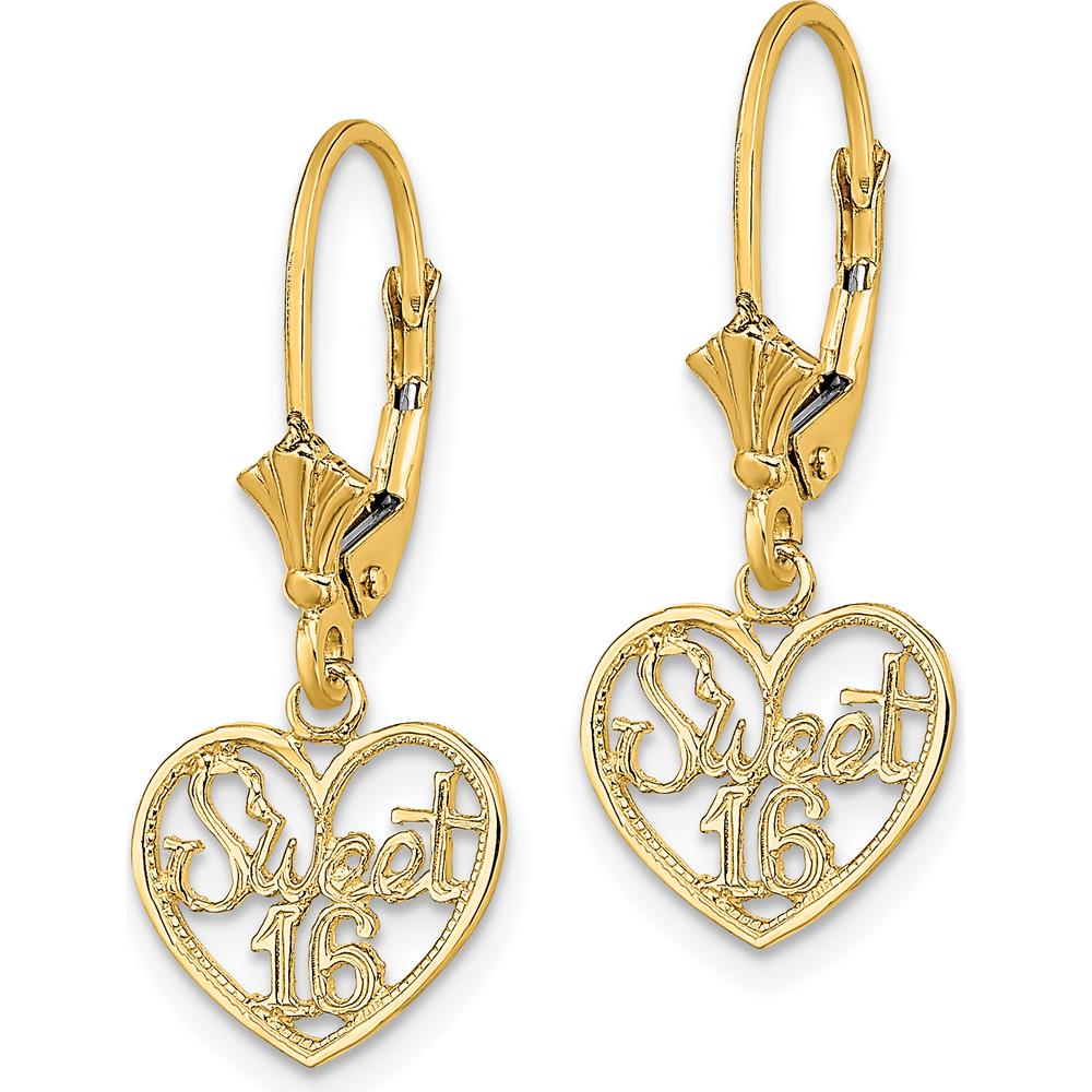 14K Yellow Gold Polished “Sweet 16” Heart Dangle Leverback Earrings by 0