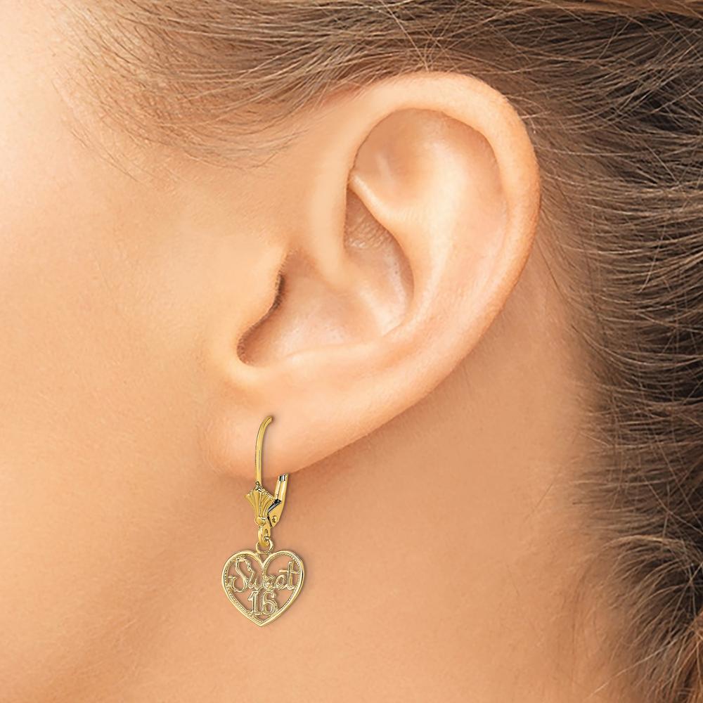 14K Yellow Gold Polished “Sweet 16” Heart Dangle Leverback Earrings by 0