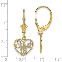 14K Yellow Gold Polished “Sweet 16” Heart Dangle Leverback Earrings by 0