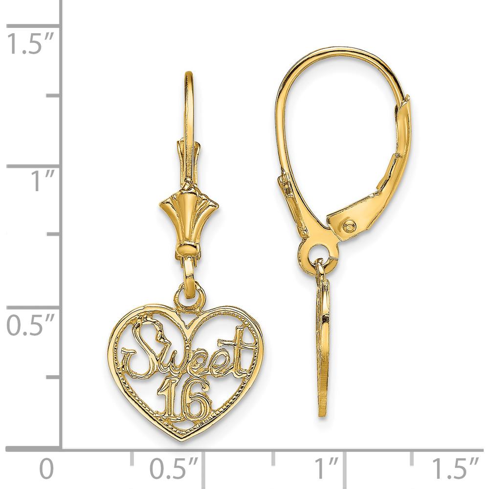14K Yellow Gold Polished “Sweet 16” Heart Dangle Leverback Earrings by 0