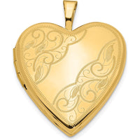 14K Yellow Gold Polished Swirl Design Heart Locket Pendant - Engravable and Holds 2 Photos by Monteluci Fine Jewelry