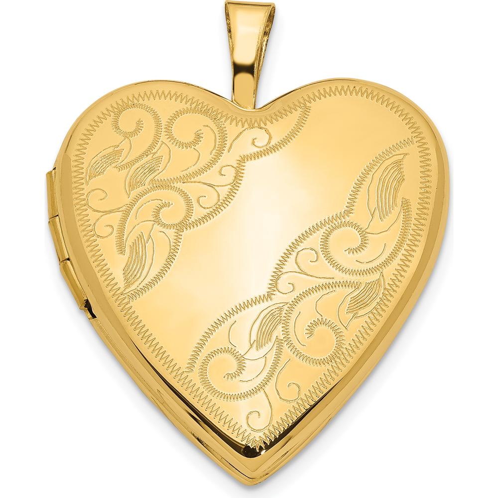 14K Yellow Gold Polished Swirl Design Heart Locket Pendant - Engravable and Holds 2 Photos by Monteluci Fine Jewelry