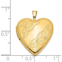 14K Yellow Gold Polished Swirl Design Heart Locket Pendant - Engravable and Holds 2 Photos by Monteluci Fine Jewelry