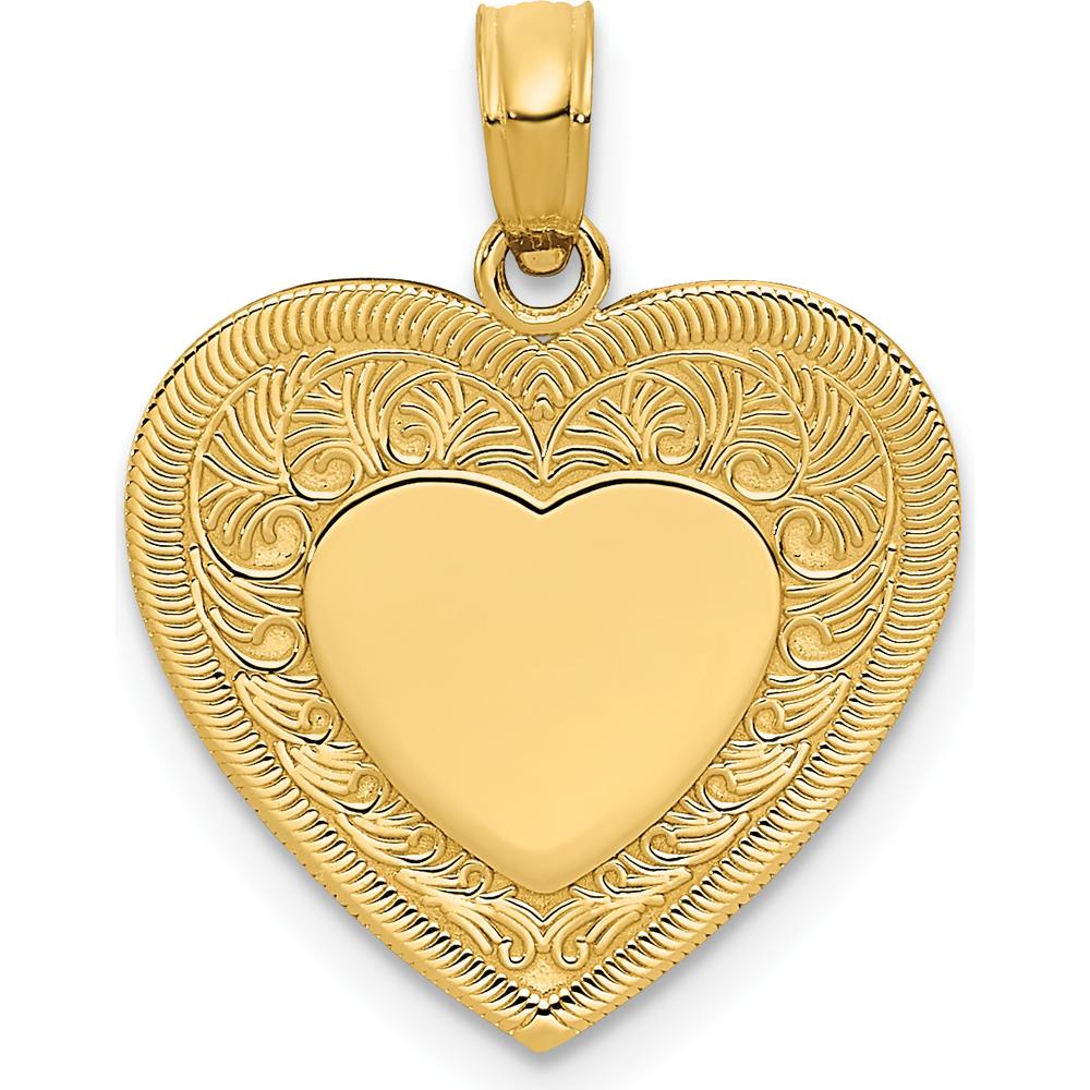 14K Yellow Gold Polished Swirled Border Engravable Heart Pendant by Oro Pregiato