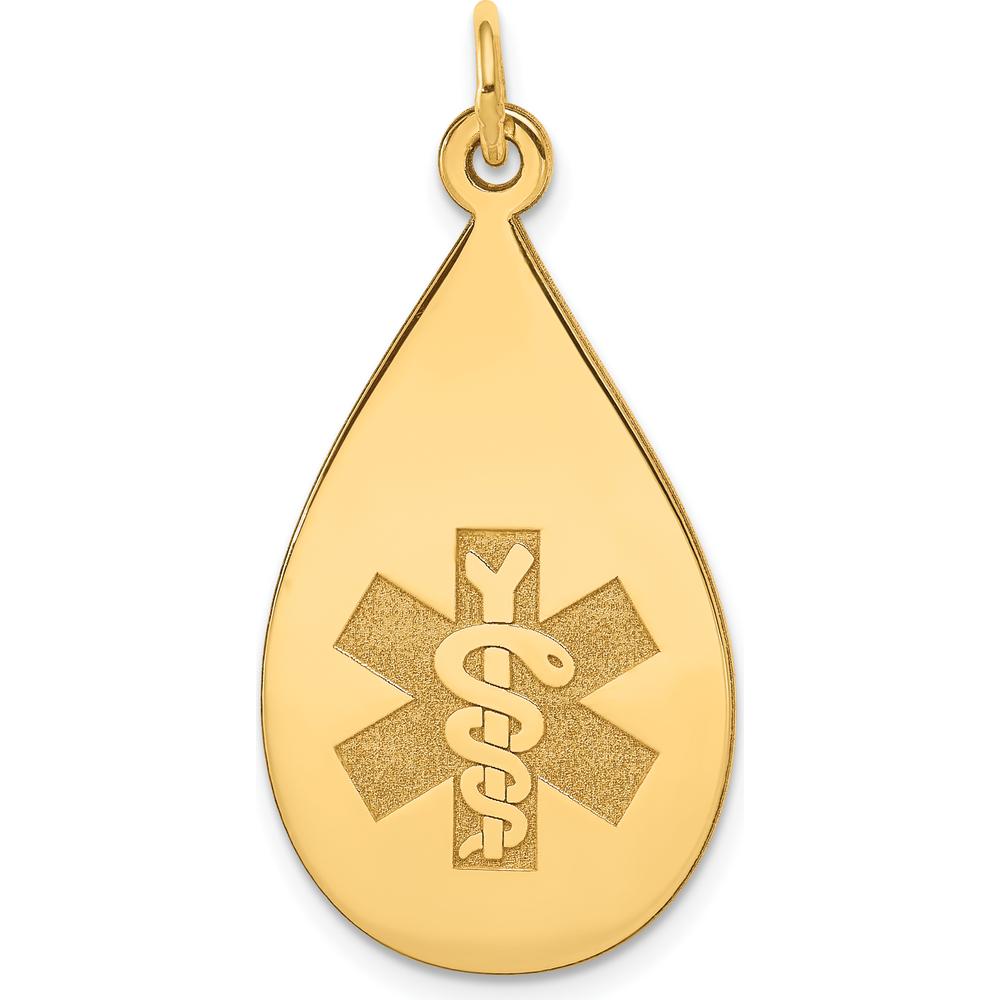14K Yellow Gold Polished Teardrop Medical Alert Pendant with Textured Engraved Detail by Oro Pregiato