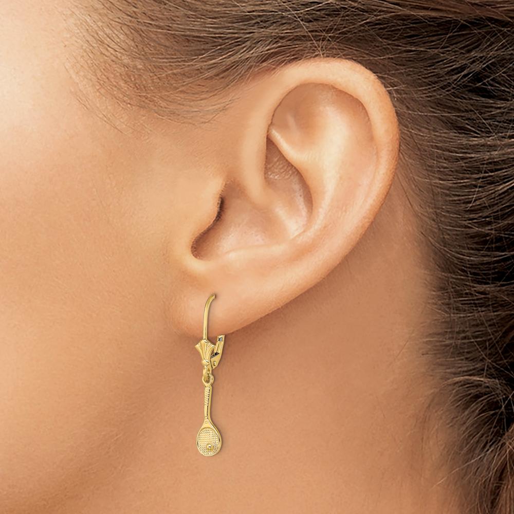 14K Yellow Gold Polished Tennis Racquet with Ball Leverback Earrings by 0