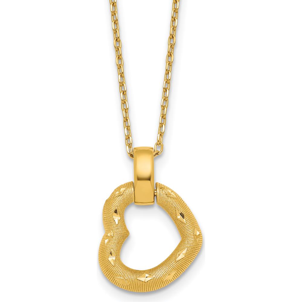 14K Yellow Gold Polished Textured and Diamond-Cut Fancy Heart Pendant Necklace with 16" Chain and 2.25" Extender by 0
