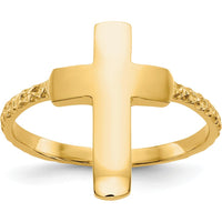 14K Yellow Gold Polished Textured Cross Ring - Solid Cast Design by Oro Pregiato