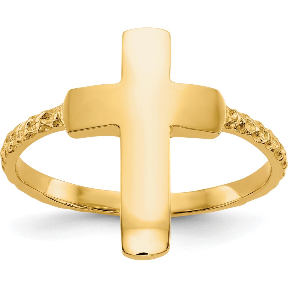 14K Yellow Gold Polished Textured Cross Ring - Solid Cast Design by Oro Pregiato