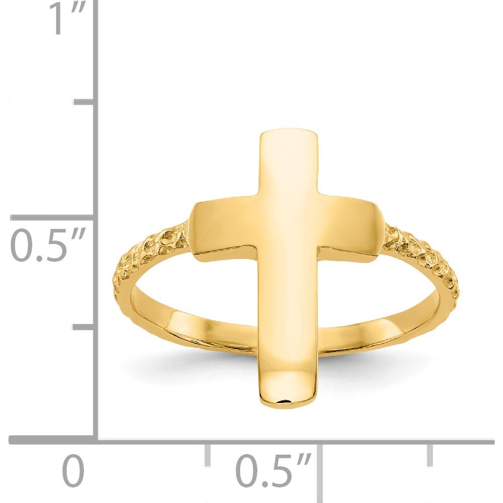 14K Yellow Gold Polished Textured Cross Ring - Solid Cast Design by Oro Pregiato