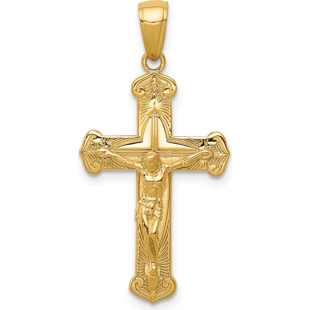 14K Yellow Gold Polished Textured Crucifix Pendant - 31mm Length by Oro Pregiato