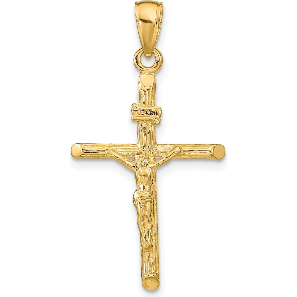 14K Yellow Gold Polished Textured Crucifix Pendant - 34mm Length by Oro Pregiato