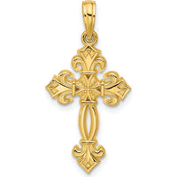 14K Yellow Gold Polished Textured Fleur de Lis Cross Pendant - 29.1mm by Oro Pregiato