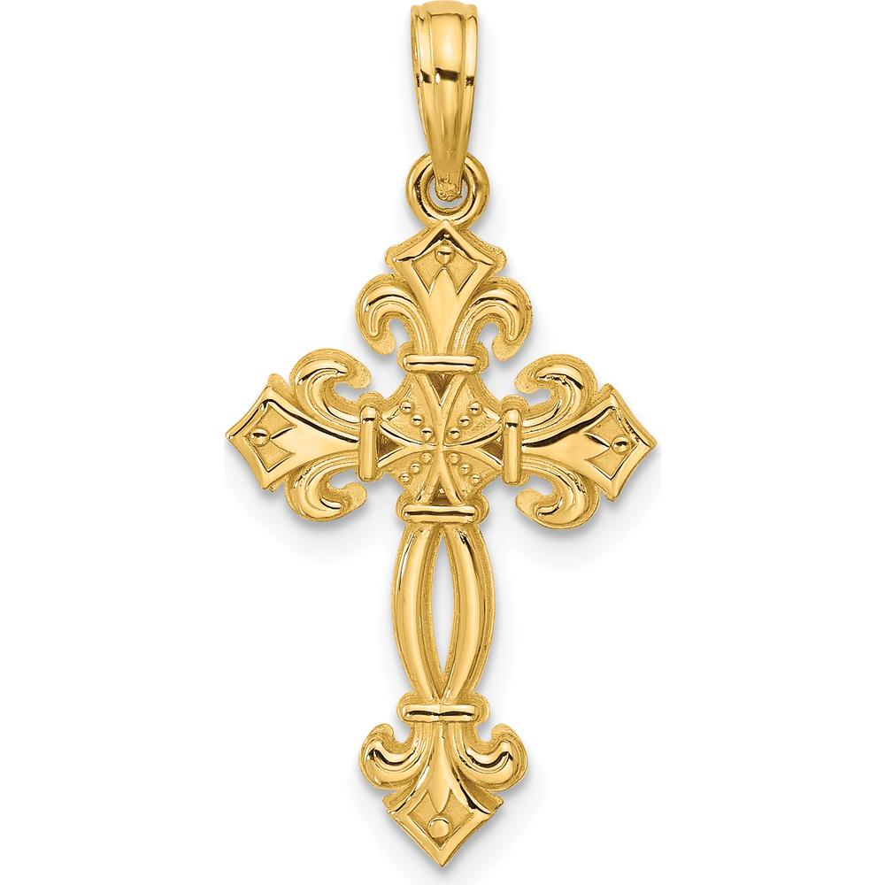 14K Yellow Gold Polished Textured Fleur de Lis Cross Pendant - 29.1mm by Oro Pregiato