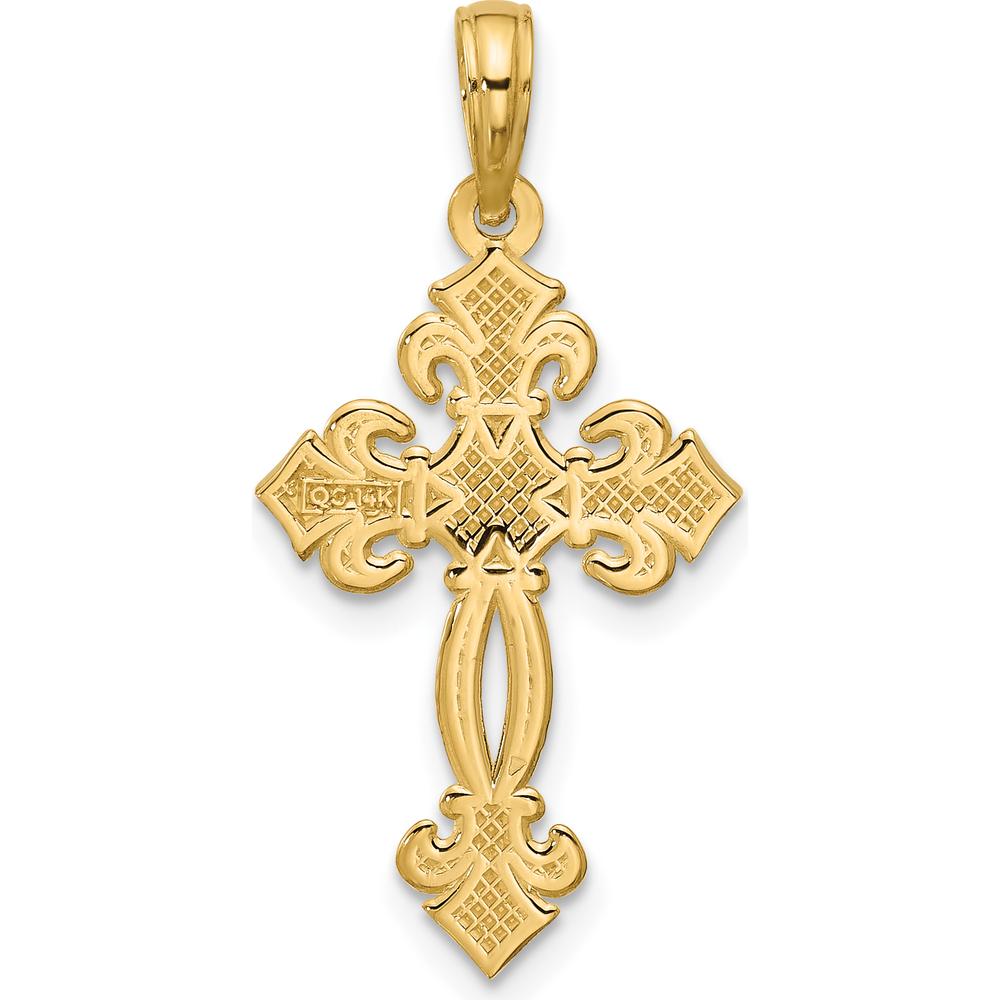 14K Yellow Gold Polished Textured Fleur de Lis Cross Pendant - 29.1mm by Oro Pregiato