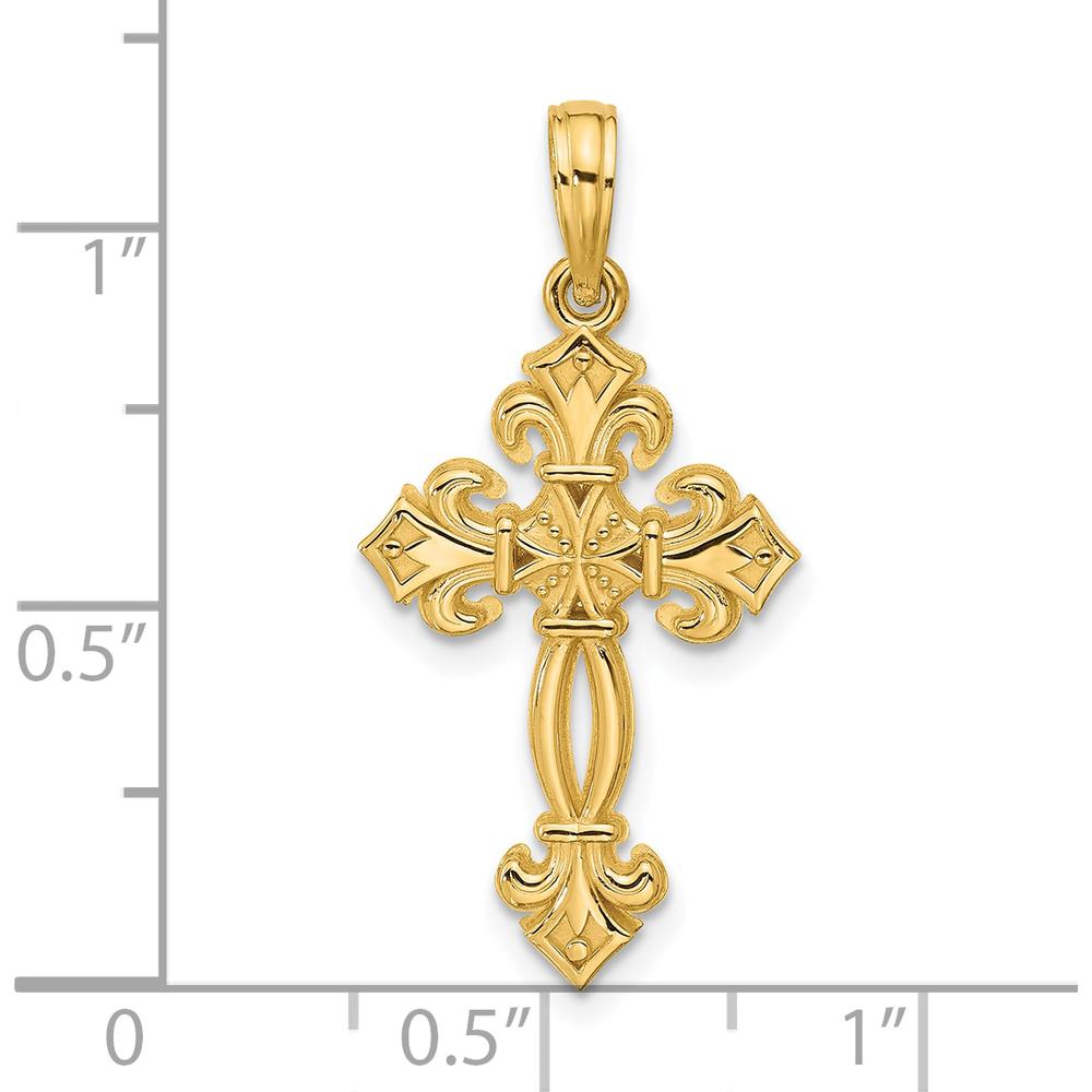 14K Yellow Gold Polished Textured Fleur de Lis Cross Pendant - 29.1mm by Oro Pregiato