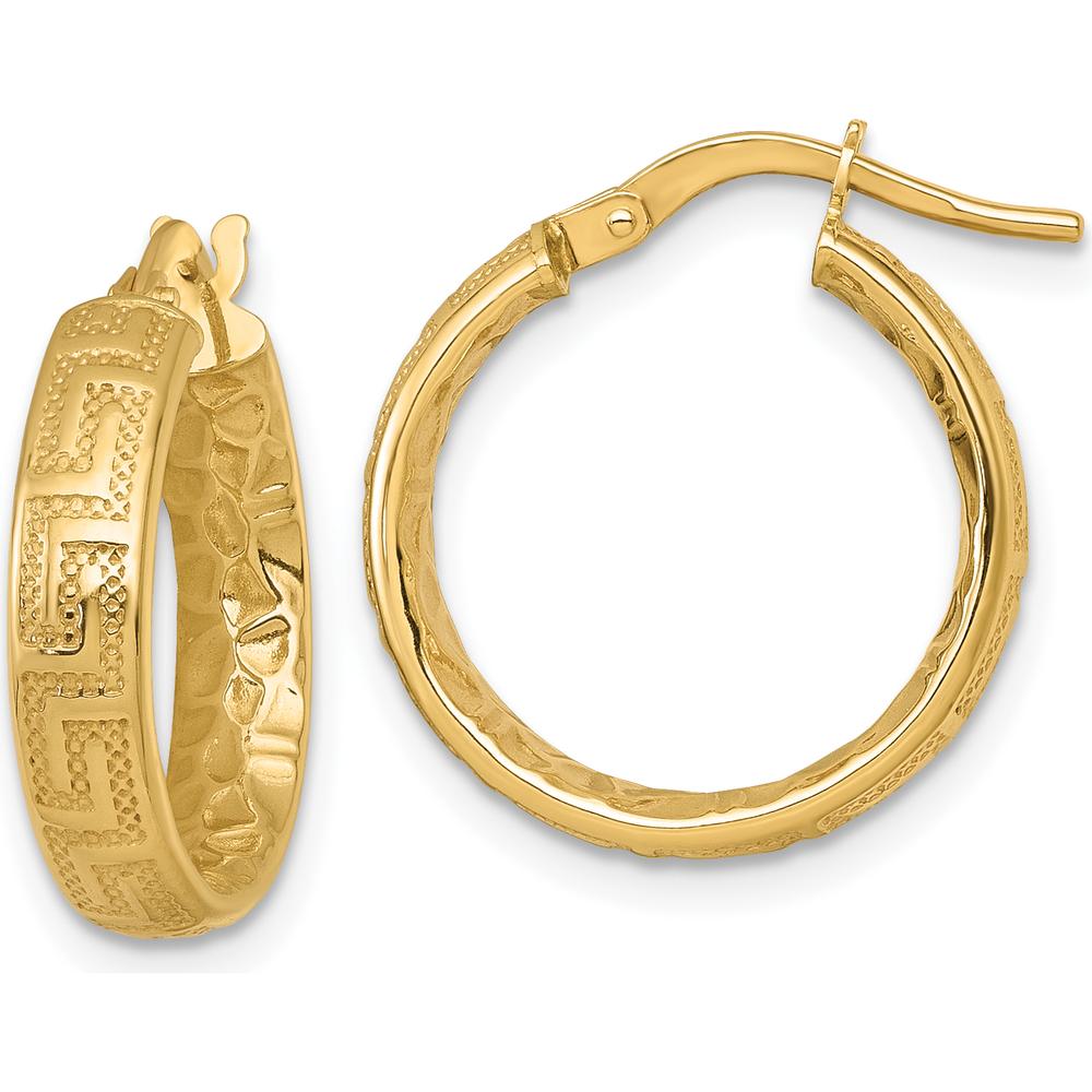 14K Yellow Gold Polished Textured Greek Key Design Hoop Earrings - 19.5mm Length by 0
