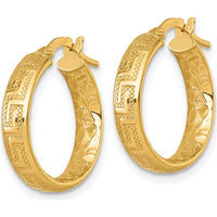 14K Yellow Gold Polished Textured Greek Key Design Hoop Earrings - 19.5mm Length by 0