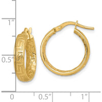 14K Yellow Gold Polished Textured Greek Key Design Hoop Earrings - 19.5mm Length by 0